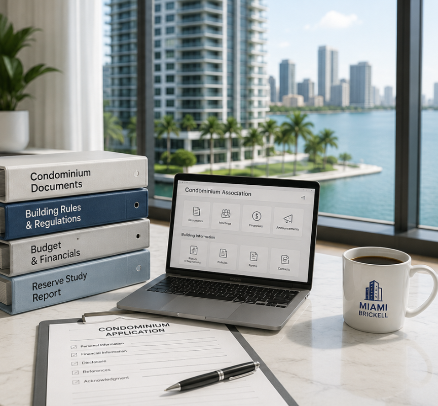Condominium association documents, application forms, and financial records on a desk with a Miami skyline view